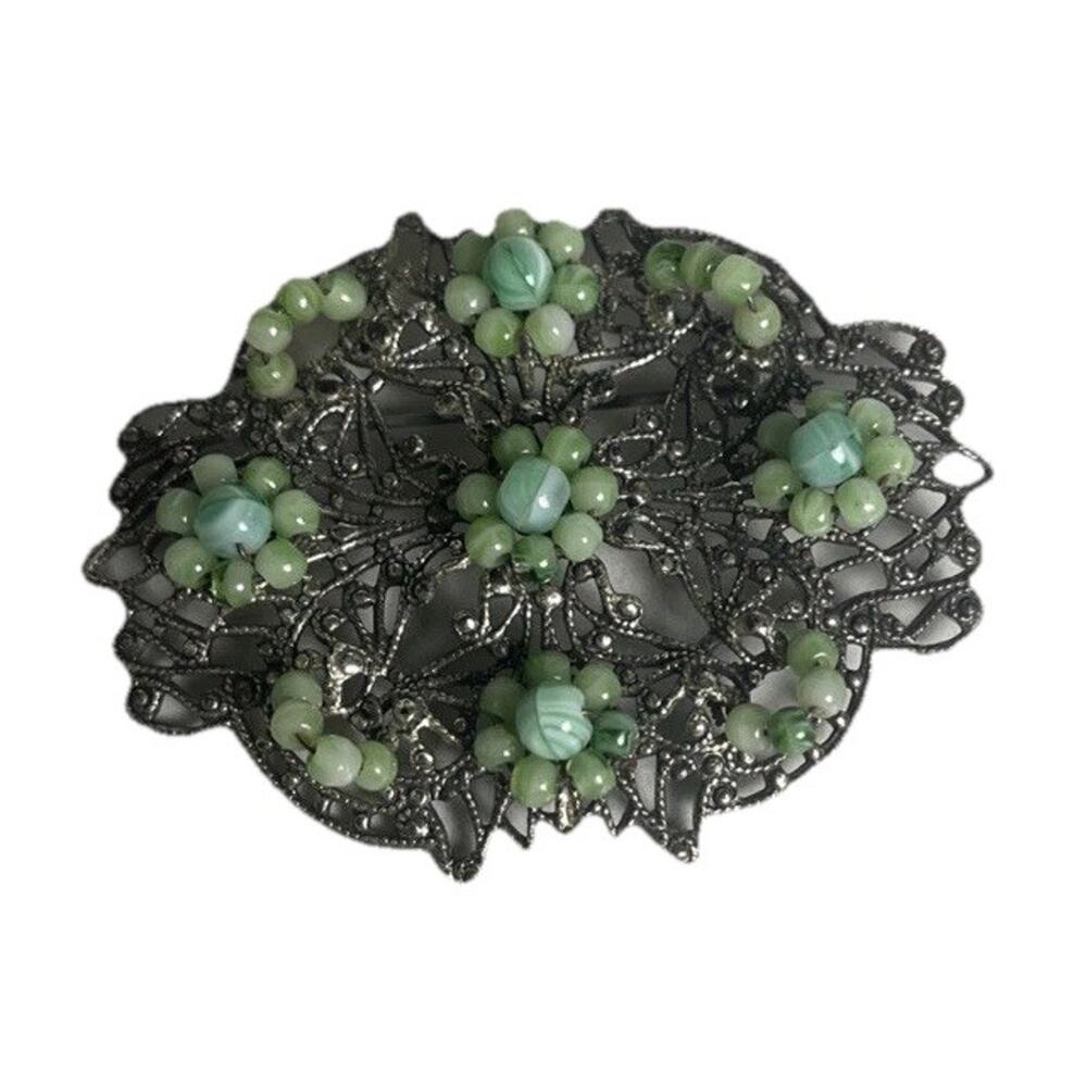 Vintage Silver Tone Blue Bead Filigree Brooch Pin 2.5"x2" Unmarked Western